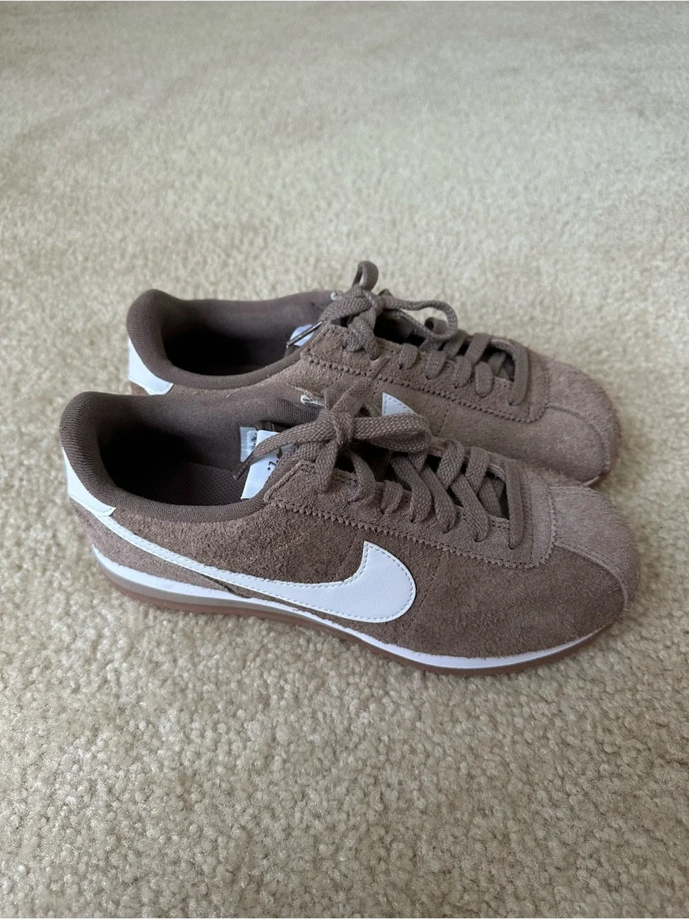 Nike Women’s Cortez Brown Suede Sneakers with White Swoosh